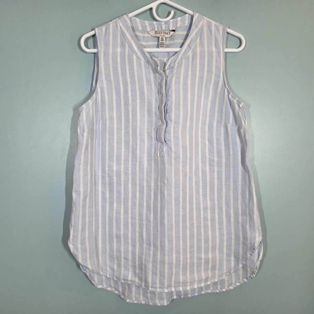 Ellen Tracy Linen Sleeveless Stripe Top Blue White ETMS9WT363 Womens Medium
